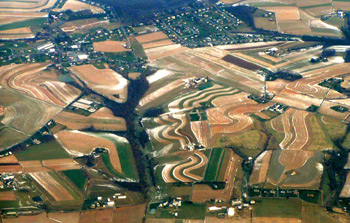 Snow highlighting sinuous countoured farm fields